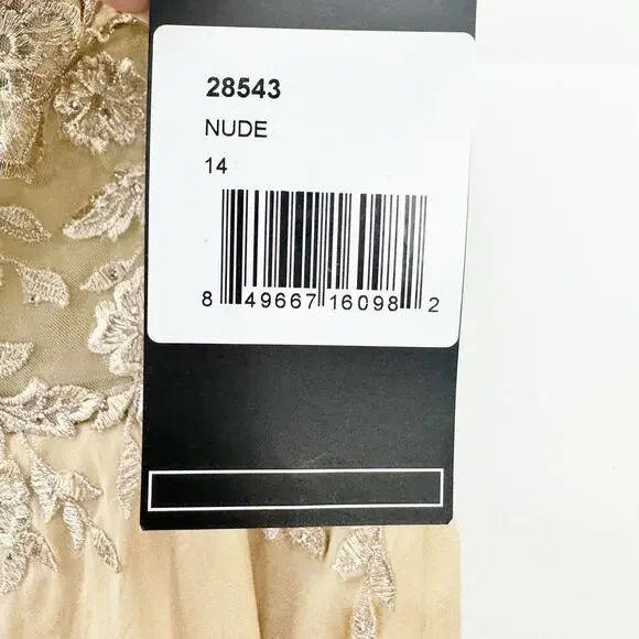 La Femme Nude Floral Appliqué Chiffon Evening Gown Maxi Dress Size 14 NWT